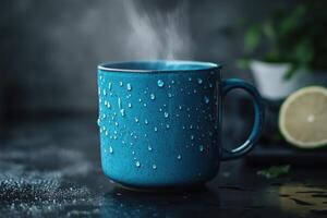 Steam rises from a blue mug filled with hot beverage on a dark surface photo