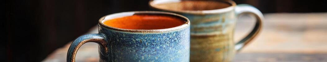 Warm ceramic mugs filled with a rich beverage on a wooden table photo