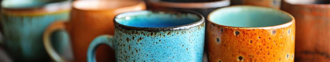 Colorful ceramic mugs displayed in a cozy cafe setting on a sunny day photo