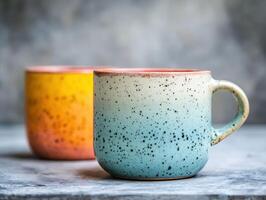 Unique handcrafted ceramic mugs in vibrant colors on a textured background photo