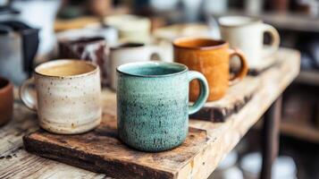 Handcrafted ceramic mugs displayed on a rustic wooden table in a cozy shop photo