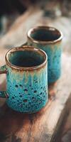 Unique handcrafted ceramic mugs on a rustic wooden table photo