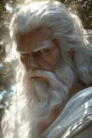 Majestic figure with flowing white hair and beard in natural light setting photo