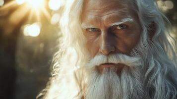 Elderly man with long white hair and beard under sunlight reflections photo