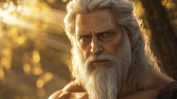 Powerful depiction of a mythical figure in a golden forest setting photo