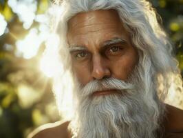 Elderly man with long white beard in natural setting during sunset photo