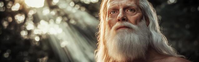 Wise man with long white beard gazing thoughtfully in a serene forest photo