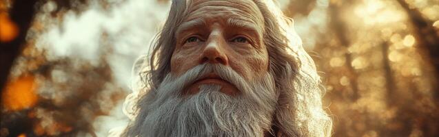 Wise elder with a gray beard gazing into the forest during sunset photo