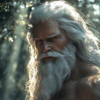 Majestic elder with flowing white hair and intense gaze in a forest photo