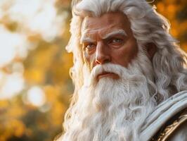 Elderly man with long white hair and beard stands in autumn forest photo