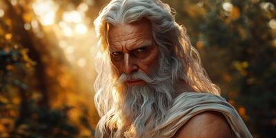 Majestic figure with long white hair and beard in a sunlit forest setting photo
