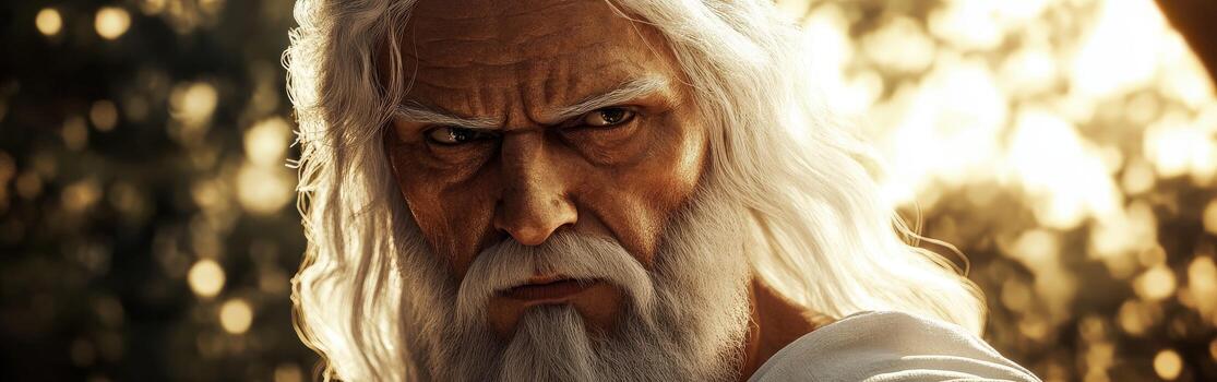 Powerful portrayal of an ancient deity with striking features and expression photo