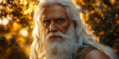 Elderly man with long white hair and beard under golden autumn light photo