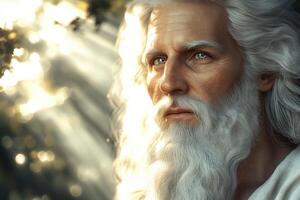 Wise figure with long white hair in a sunlit forest surrounded by nature photo