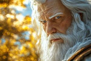 Majestic elder with flowing white hair and piercing blue eyes in nature photo