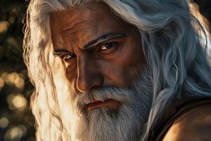 Powerful portrait of an ancient deity in a mystical landscape during sunset photo