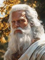 Majestic elder with a long white beard in a serene forest setting photo