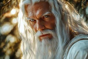 Elderly man with long hair and beard gazes seriously into the distance photo