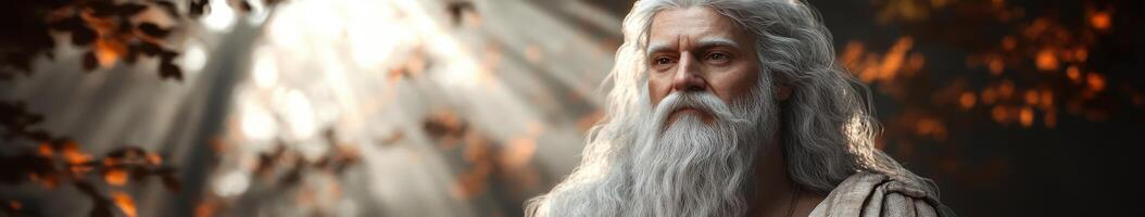 Elderly man with long white beard in sunlit forest photo