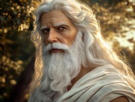 Wise man with long white beard and robe in a tranquil forest setting photo