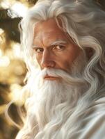 Mysterious figure with long white hair and beard in nature setting photo
