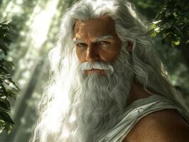 Ancient deity with flowing white hair in a sunlit forest setting photo
