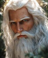 Mysterious figure with long white hair and beard gazes through lush greenery photo