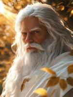 Mystic figure with long white hair and beard in a serene outdoor setting photo