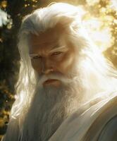 Mystical figure with long white hair illuminated by sunlight in serene forest photo