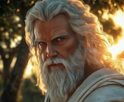 Powerful figure gazing fiercely during a sunset in a serene setting photo