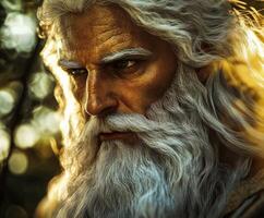 Elderly figure with golden skin and white hair in sunset setting photo