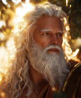 Elderly man with long white hair and beard in a sunlit natural setting photo