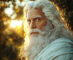 Wise figure with long white beard gazes into the distance during sunset photo