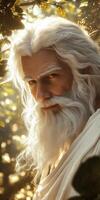 Majestic figure with white hair and beard in a sunlit forest setting photo