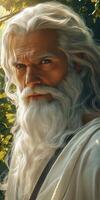 Elderly man with long white hair and beard in a serene outdoor setting photo