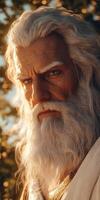 Majestic elder with flowing white beard and intense gaze in nature setting photo