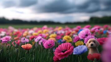 Colorful flower field with dog enjoying a serene spring day outdoors photo
