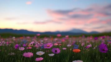 Colorful flower field at sunset with mountains in the distance photo