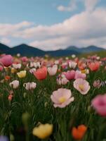 Vibrant wildflower field in the mountains during sunny springtime photo