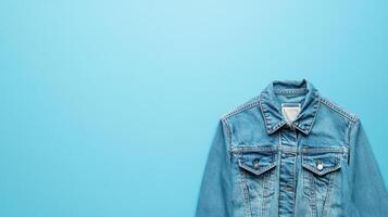 Casual denim jacket displayed against a light blue background showcasing modern fashion trends photo
