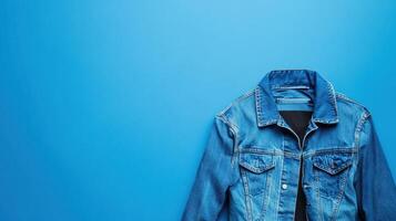 Denim jacket displayed against a vibrant blue background perfect for fashion enthusiasts and trendsetters photo