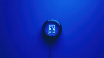 Digital display with blue background showing temperature and humidity readings in a modern environment photo