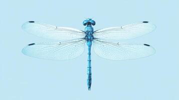 Dragonfly with translucent wings resting on a light blue background showcasing its intricate details and vibrant colors photo