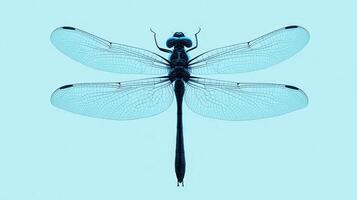 Detailed close-up of a dragonfly showcasing its intricate wings against a soft blue background photo