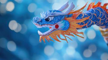 Colorful paper dragon illustration showcasing intricate details against a blurred blue background photo