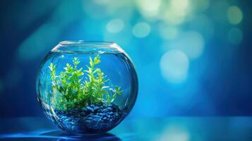 Beautiful glass fish bowl with aquatic plants and blue background creating a serene underwater atmosphere photo