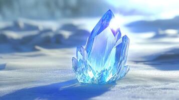 Stunning blue crystal sparkles in the snowy landscape under bright sunlight during a clear winter day photo