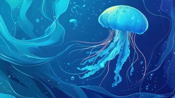 Colorful jellyfish gliding gracefully through deep ocean waters surrounded by blue currents and bubbles photo