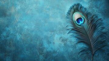 Peacock feather resting on an artistic blue background creating a serene and vibrant atmosphere photo