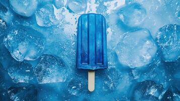 Bright blue popsicle resting on ice, showcasing a refreshing summer treat in a cool setting photo